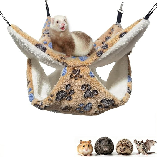 Guinea Pig Ferret Hammock for Cage - Machine Washable Double-Decker Hanging Bed - Fits Sugar Glider,Fancy Rat,Hamster,Gerbil - 13.3" x 13.3" Coffee-Footprints