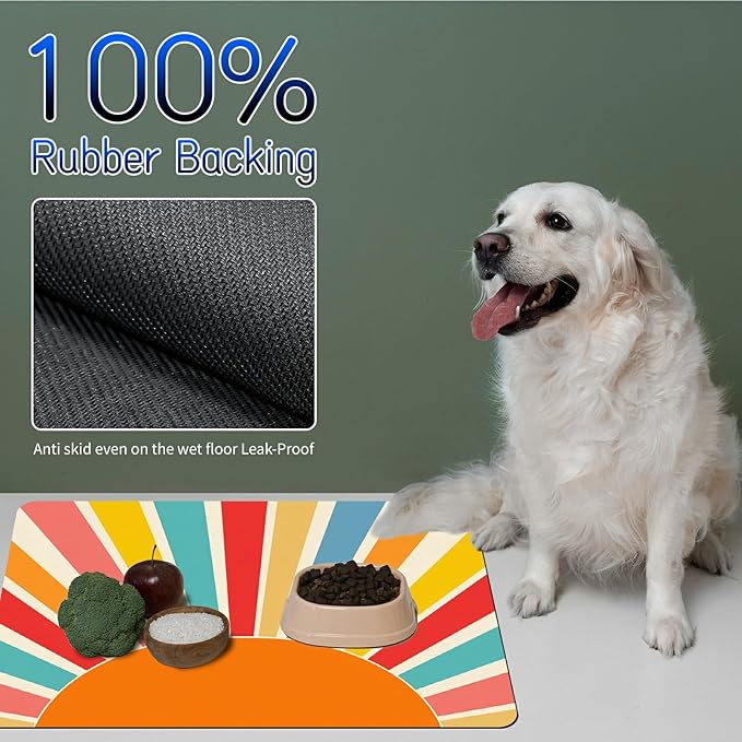 Dog Food Mat, 15.7" x 23.6" Absorbent Pet Feeding Mat for Food and Water, Waterproof Diatom Mud Pet Placemat with Non-Slip Rubber Backing, Easy Clean Cat Bowl Mat for Floors - Colorful Sunset