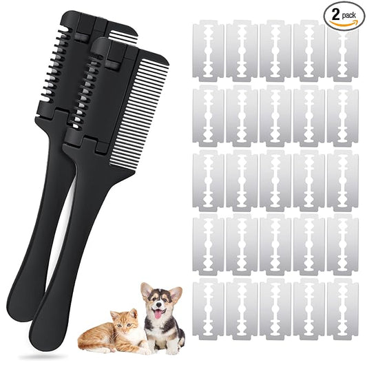 2-in-1 Pet Grooming Comb for Dogs and Cats - 2 Combs with 20 Extra Blades for Trimming and Grooming