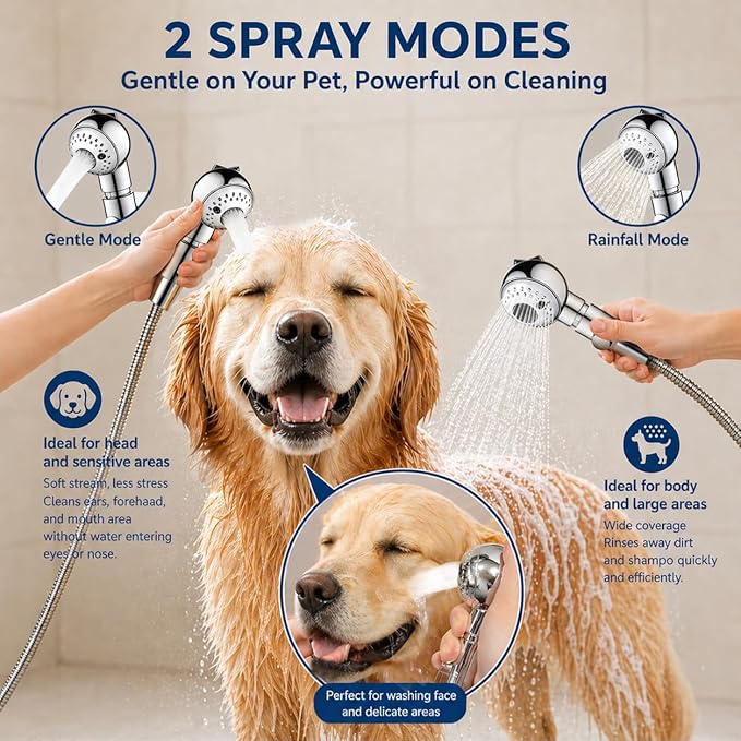 Quiet Dog Shower Attachment with One-Button Pause, 2-Mode Mini Pet Shower Head for Nervous Dog Bath& Dog Head, 98'' Long Hose, Palm-Size Design, Gentle Water Flow Perfect for Cat, Fits Shower Arm Only