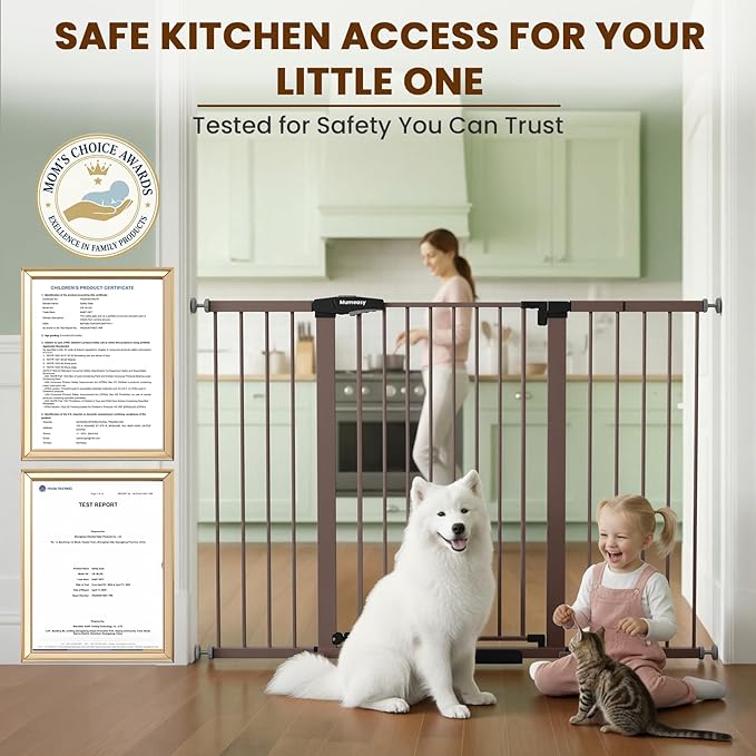 Mumeasy 36" Extra Tall Baby Gate for Doorways, 29.7"-57" Extra Wide Dog Gate for Stairs, Pressure Mounted Auto Close Pet Safety Gate with Easy Walk Thru Door, Large Indoor Child Gate for House, Brown