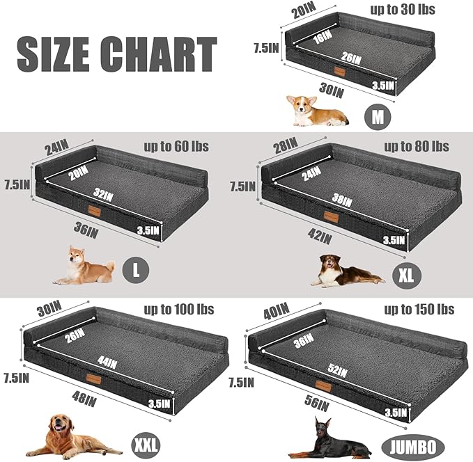 Patas Lague Orthopedic Dog Bed Medium Size Dog 30''X20'', Waterproof L Bolster Medium Pet Sofa Beds with Removable Washable Cover, Soft Comfortable Pet Couch Crate Mat with Nonskid Bottom, Dark Grey
