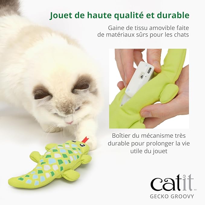 Catit Groovy Gecko Interactive Cat Toy – Flopping Motion Toy with Catnip & Silvervine, USB Rechargeable, Motion Sensor, Washable Cover – Green