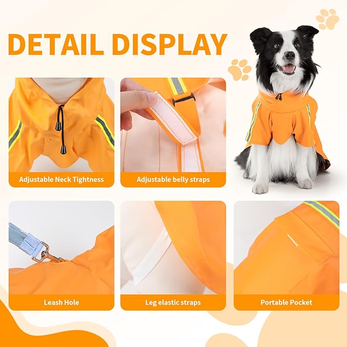 Dog Raincoat, Waterproof Windproof Dog Rain Jacket Adjustable, Rain Coat with Leash Hole, Reflective Strap Raincoat Poncho for Small Medium Large Dogs Outdoor (Reflection-Orange, XL)
