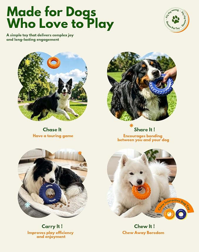 Deeow Dog Tire Toy-2026 Upgraded, Treat Dispensing Chew Toy for Teething Clean & Dental Care, Natural Rubber Enrichment Dog Toys for Boredom Relieve, Interactive Tug-of-War Slow Feeder Pet Toys-Blue