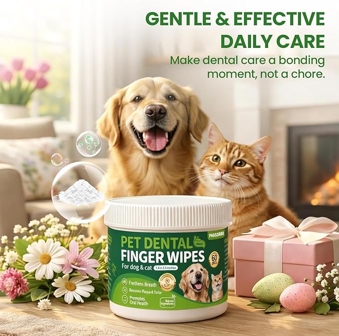 Dog Dental Care Wipes - 60Ct Tooth Brushing kit, Heavy Duty Teeth Cleaning for Dogs & Cats, Remove Tartar & Plaque, Dog Breath Freshener, Dog Toothbrush & Toothpaste Alternatives (Mint)