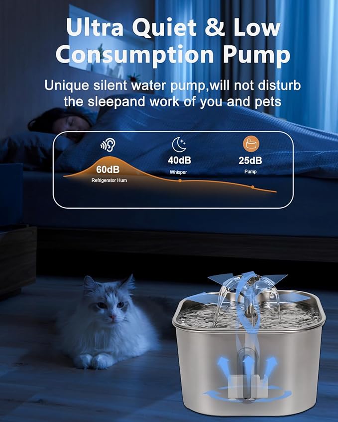 Cat Water Fountain Replacement Pump, JY-830 Ultra Quiet Pet Submersible Water Pump, IPX8 Waterproof, 5V Low Voltage USB Pump, Compatible with 2.2L/3.2L/4L/7L Stainless Steel Cat Dog Water Fountains