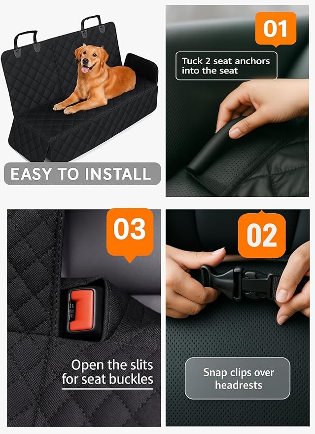 fidozen Waterproof Dog Car Seat Cover for Back Seat: Suitable for Small and Large Dogs, Large Size Hammock and Pet Protector, Backseat Protector for Cars (BLK(Split Bench, Standard (54" W x 58" L))