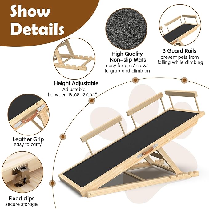 Dog Ramp for Bed and Couch - 55" Extra Long Wooden Pet Ramp with Non-Slip Silicone Surface & Side Rails, 6 Adjustable Heights (19.7"-27.6"), 250 lb Capacity, Safe Mobility for Senior Large Dogs