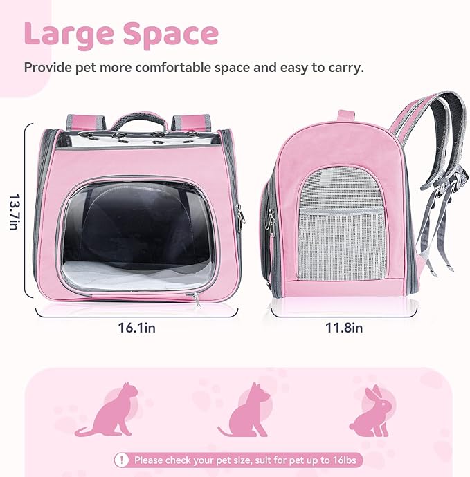 Cat Soft-Sided Carrier Backpack, Breathable Mesh Foldable Pet Travel Carrier with Reinforced Support, Portable Puppy Carrying for Kitty Up to 15lbs (Pink)