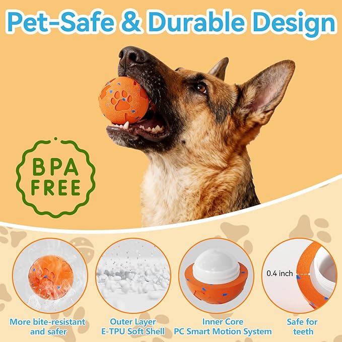 Smart Interactive Dog Toy Ball, Automatic Moving Rolling & Bouncing, Motion Activated E-TPU Dog Ball, Waterproof Chew Resistant for Medium & Large Dogs (Orange)
