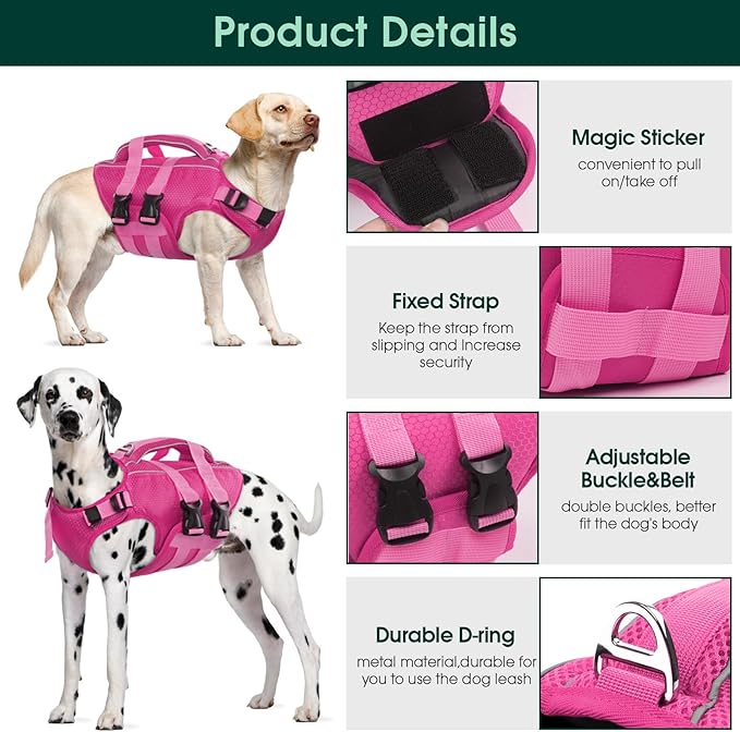 Kuoser Dog Life Jacket High Flotation, Reflective Dogs Life Vest for Swimming Boating, Adjustable Small Medium Large Dog lifejacket, Lightweight Dogs Life Preserver Rescue Handle Spring Summer Pool