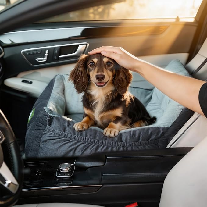 Dog Car Seat for Small Dogs up to 25lbs, Soft Comfy Pet Car Booster with Safety Belt & Pockets, Fully Washable Carseat Travel Dog Bed with Detachable Cushion