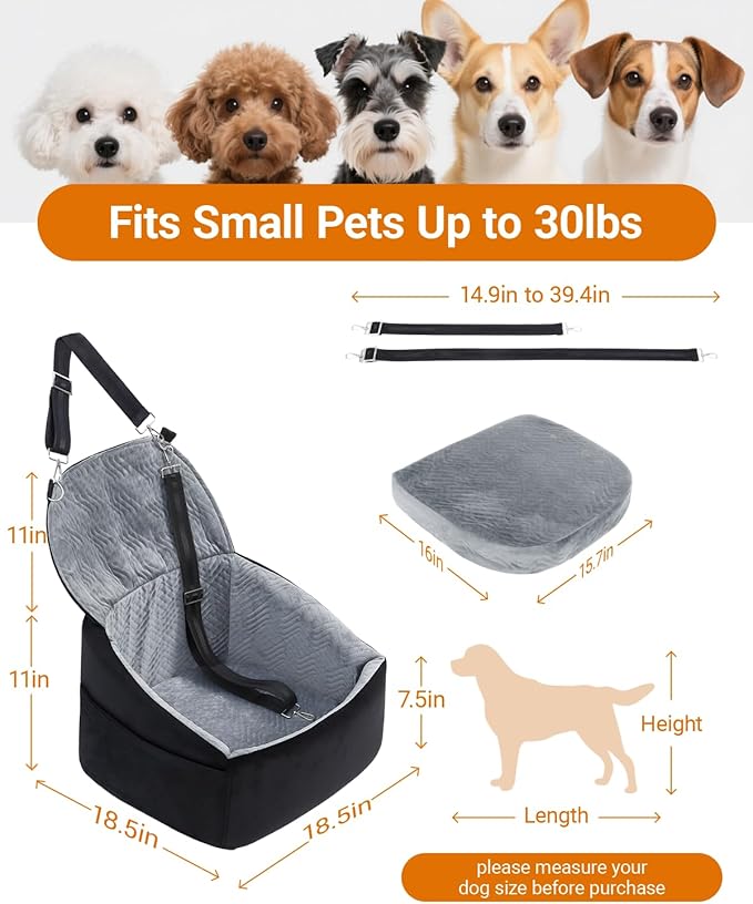NUPIDA Dog Car Seat for Small Dogs, Dog Booster Seat with Extendable Backrest, Pet Car Seats up to 30 lbs, Washable Removable Cover Travel Bed with Storage Pockets and 2 Safety Leashes, Black&Grey