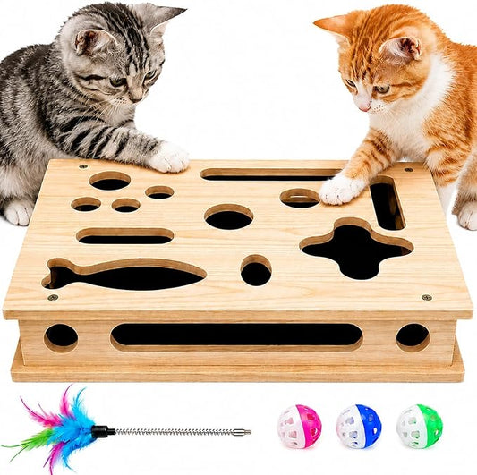 Large Cat Nail File Box for Cats, Wooden Cat Scratch Puzzle Enrichment Box with Sandpaper Liner, Feather Wand & 3 Balls, Interactive Cat Toy for Indoor Cats
