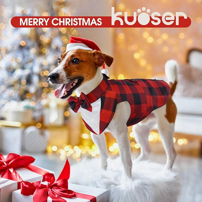 Kuoser Christmas Dog Tuxedo Dog Suit and Bandana Set, Pet Christmas Outfit Adjustable Puppy Xmas Costume with Bow Tie for Large Medium Small Dogs Golden Retriever Samo Bulldogs, Red Plaid L