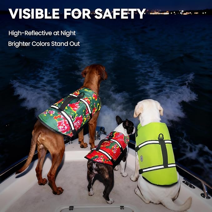 VIVAGLORY Rip Stop Dog Life Vest, Swimming Vest with Handle, Buoyancy for Doggy Puppy, Dog Life Jacket for Swimming & Boating, XS, Northeast Florals-Green