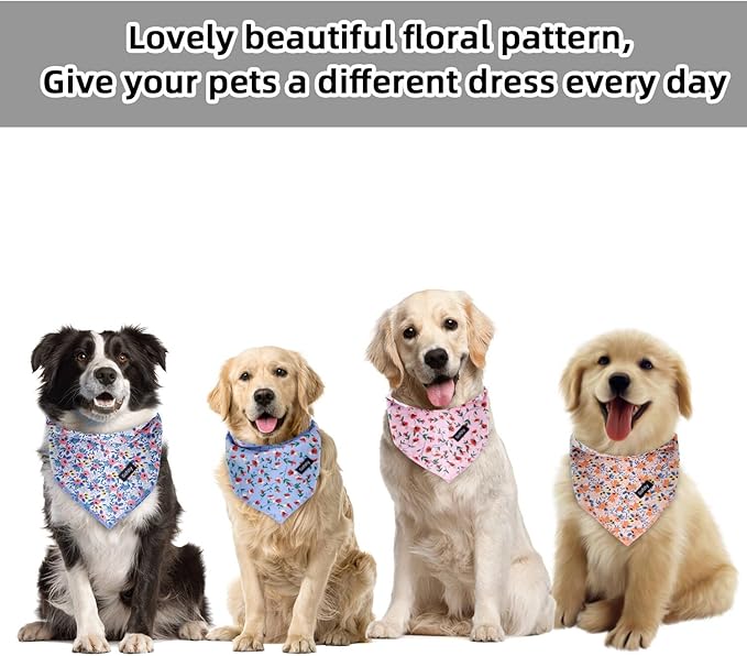 XLarge Dog Bandanas Spring-4PCS Puppy Bandana Orange Pink Blue Floral Printing Dog Bib Handkerchief Scarf Breed Accessories for Large Dogs Pets Gift