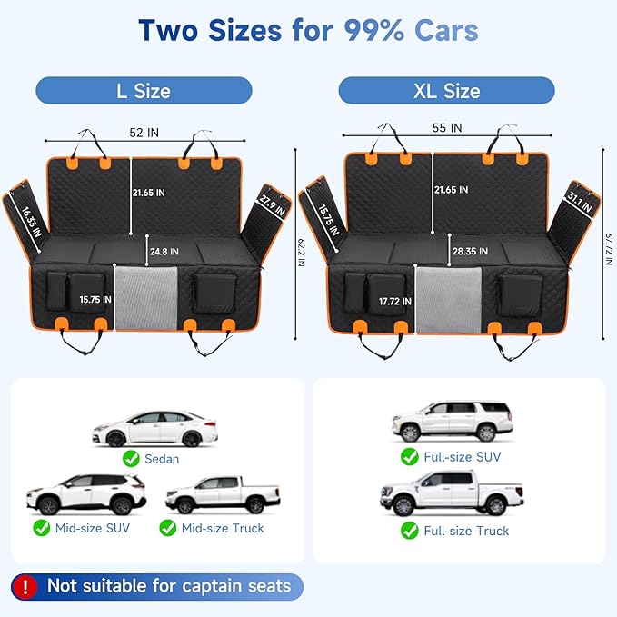 Dog Car Seat Cover for Back Seat Waterproof Oxford Fabric, Hard Bottom Back Seat Extender for Dogs Scratchproof, Dog Hammock for Car with Mesh Window, Fit Most Cars Small Trucks, Black Orange