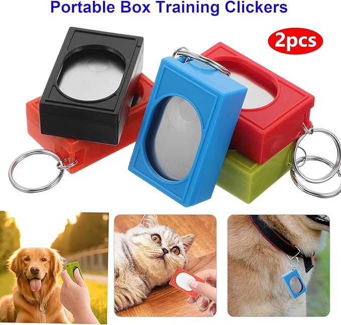 2pcs Portable Square Box Training Clicker Dog Clicker for Training for Dogs Cats Birds Lizards Fish Aid for Indoor Use (Black+Blue)
