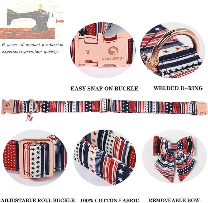 American Flag 4 of July Dog Bow Collar, Independence Day Adjustable Patriotic Dog Collar with Sailor Bowtie for Large Dogs,XL