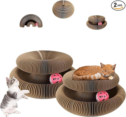 2PCS Interactive Cardboard Cat Toys,Cat Scratching Board with A Ball,Shape Shifting Accordion Cat Scratcher Toys with Different Shapes,Magic Kitten Scratcher Pads for Indoor