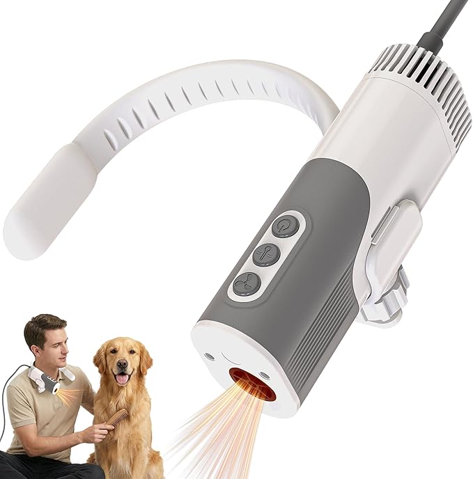 PETNF Hands-Free Dog Dryer for Pet Grooming, 110,000 RPM High Velocity Pet Hair Dryer, 1300W Powerful Neck Hanging Design, 3 Speeds & 5 Heat Settings for Home & Salon