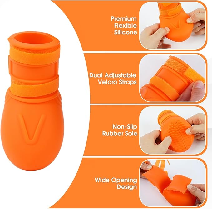 Waterproof Rubber Rain Boots for Large Dogs – Non-Slip Paw Protectors for Hot Pavement & Snow, Easy On/Off Wide Cuff, Dual Hook and Loop Sasteners, Orange XXL