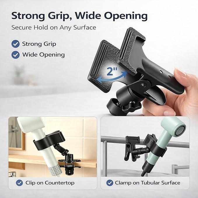 360 Degree Rotating Hands Free Hair Dryer Holder Sturdy Metal Base and Strong Clamp Adjustable and Flexible Blow Dryer Stand for Easy Styling Stable and Easy Installation