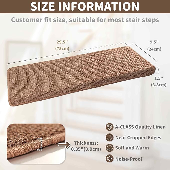 Brakki Bullnose Carpet Stair Treads, Non Slip Stair Treads for Wooden Steps Indoor, Stair Runner, Soft Stair Rugs for Pets, Edging Stair Protectors, Washable, 29.5"x9.5"x1.5" 7pcs, Camel Brown