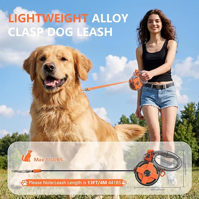 Lightweight and Retractable Dog Leash - Anti-Entanglement and one-Hand Brake, Easy to Control - 13-Foot Durable Dog Leash, Designed for Women, Suitable for Small/Medium Dogs - Comfortable Grip