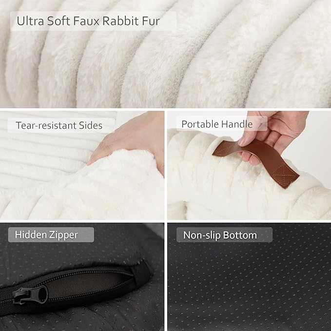 Orthopedic Dog Bed for Extra Large Dogs, Comfort-Sided Calming Pet Bed Couch with Breathable Memory Foam, Plush Faux Rabbit Fur & Anti-Slip Bottom, Machine Washable, 43"x31"x5.5", Cream