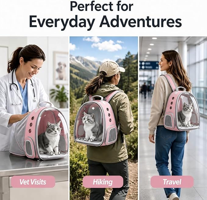 Expandable Cat Carrier Backpack for Cats & Dogs, Bubble Window Pet Travel Backpack with Breathable Mesh, Anti-Collapse Structure, Side Door, Safety Leash, for Vet Visits, Hiking, Outdoor, Pink