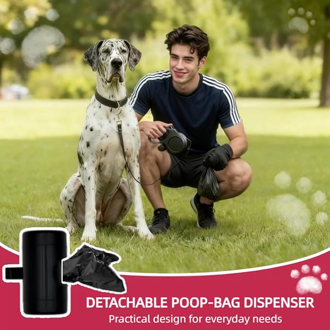 26ft Retractable Dog Leash for Large Dogs with Poop Bag Holder,Heavy Duty Retractable Dog Leash with Chew Proof Extender,One-Hand Lock System,Impact-Resistant,Up to 110 lbs (Black)