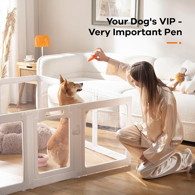 Clear Acrylic Dog Playpen Indoor, Puppy Cat Small Pet Play Pen, Pet Cat Playpen for Rabbits, Dog Fence Crate Kennel Whelping Cage (White, 8 Panel)