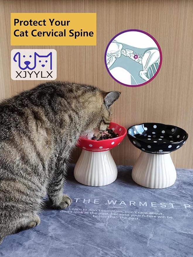 Mushroom Elevated Cat Bowls Ceramic, Raised Cat Bowl for Indoor Cats, Cute Cat Bowls Whisker Fatigue, Raised Dog Bowls Stand for Food and Water, Black 6" Wide for Adult Cats