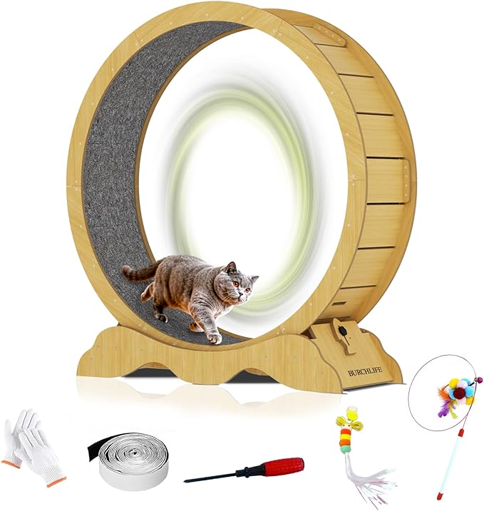 Cat Exercise Wheel 45 Inch Cat Treadmill for Indoor Cats, Running Wheel with Detachable Carpeted Runway, Cats Running Wheel Carpet Suitable for Most Pets Weight Loss and Health (Wood, L)