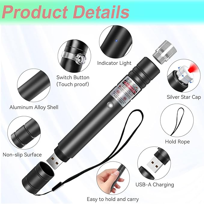 MEUSNO Laser Pointer, High Power Lazer Pointer, Red Laser High Power Rechargeable Laser Pointer for Presentations Outdoor Cat Dog Toy Lazer Light Pointer Pen Red Laser Cat Toy Pointer