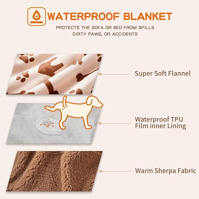 Waterproof Dog Blankets Pet Blanket 60"x80", Soft Fluffy Sofa Car Bed Protector, Reversible Sherpa Fleece Dog Blanket for Large Dogs(Beige-House)