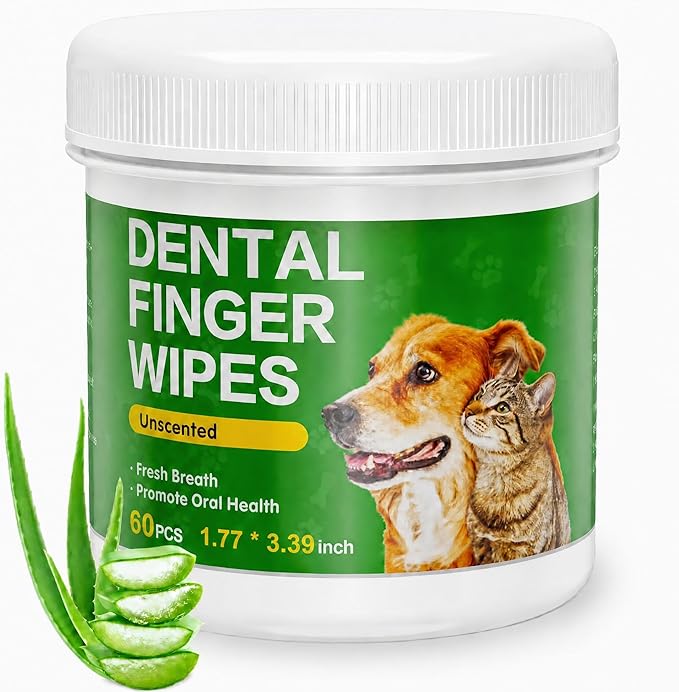Dog Teeth Cleaning Wipes, Dog Tooth Brushing Kit for Dogs & Cat, Dog Dental Wipes, Cat Wipes, Dog Toothbrush and Toothpaste Alternatives (60 Counts)
