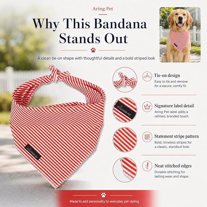 ARING PET Stripe Dog Bandanas, Cute Red Pet Bandana Scarf Triangle Bib for Small Medium Large Boy Girl Dogs Cats, Puppy Kerchief for Daily Wear Walks Party Photos-L