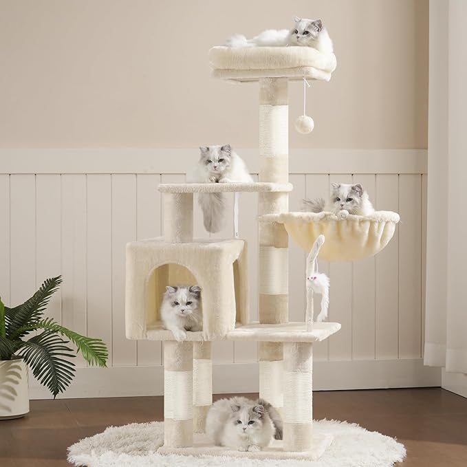 Heybly Cat Tree with Toy, Cat Tower condo for Indoor Cats, Cat House with Padded Plush Perch, Cozy Hammock and Sisal Scratching Posts, Beige HCT004SM