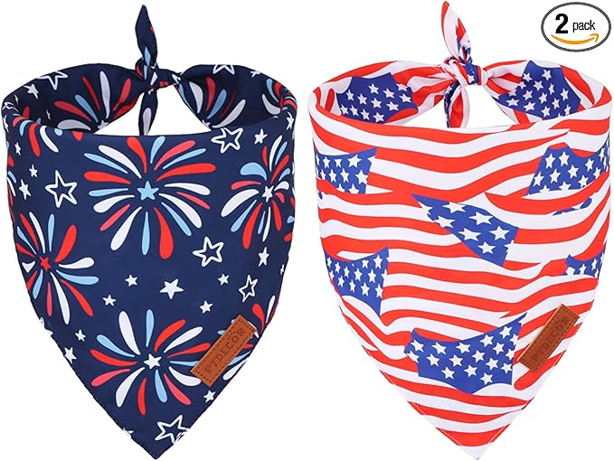 PTDECOR American Flag Dog Bandana 4th of July Dog Puppy Scarf Reversible Red Blue Patriotic Bandanas for Small Dogs Pets (Blue & Red, Small)