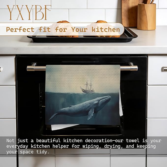 Vintage Nautical Hand Dish Tea Towels for Kitchen Bathroom Decor 16x24 Inches, Whale Lover Gifts, Coastal Ocean Blue Whale Sailing Kitchen Towels Decorative