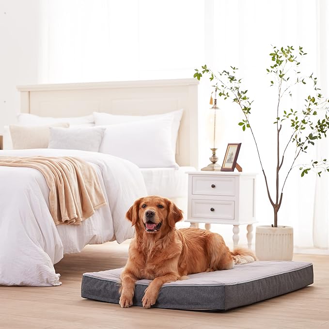 Orthopedic Memory Foam Dog Bed for Large Dogs, Cooling Gel Dog Crate Mat with Removable Washable Cover & Non-Slip Bottom, Ideal for Arthritic Dogs Up to 90lbs (Grey, X-Large: 41" x 29" x 4")