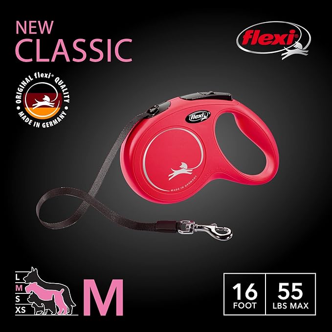 FLEXI Classic Tape Retractable Dog Leash for Medium-Sized Dogs Upto 55 lbs. – 16 ft., Red | Tangle Free Pet Walking Leash with One-Handed Brake, Pause, Lock|German Quality Product