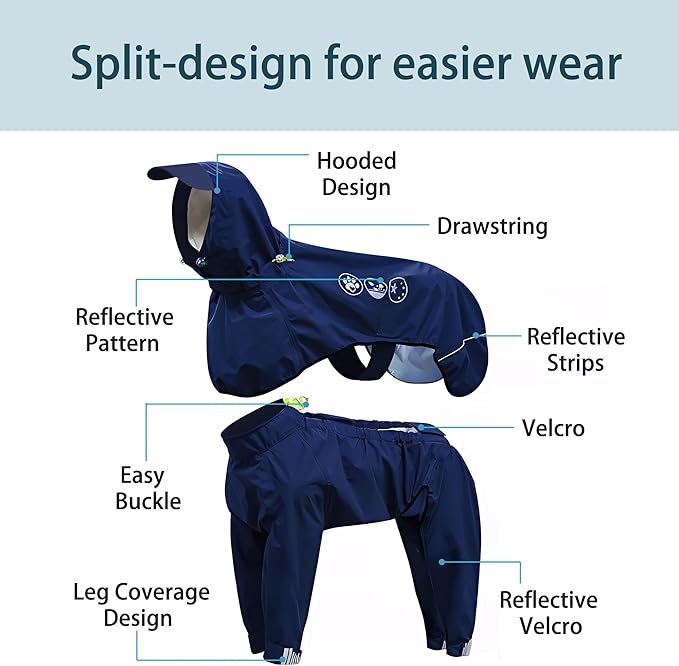 Dog Raincoat, Full-Body Hooded All-Weather Jacket, Waterproof and Windproof with Reflective Strips, Suitable for Large Dogs, XL