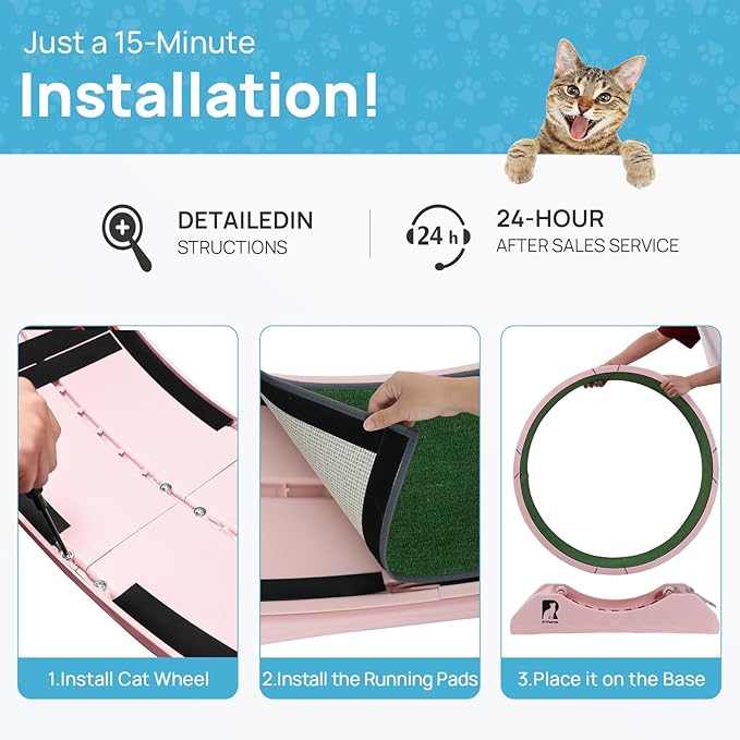 Cat Exercise Wheel, 39.4 Inch Indoor Treadmill for Cats with Carpeted Runway, Screw-Fixed Assembly for Easy Setup, Silent & Safe Fitness Equipment for Most Cats