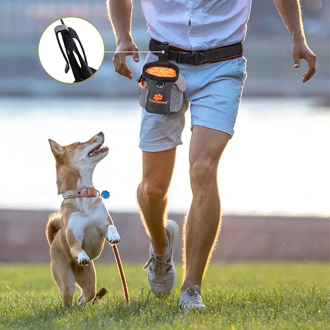 AMZNOVA Dog Treat Bag Treatnow Dog Treat Pouch, Training Pouch with Waist Belt & Clicker for Training & Walking, Waist Clip On Snack Fanny Pack for Pet, 3Cups, Heather Black