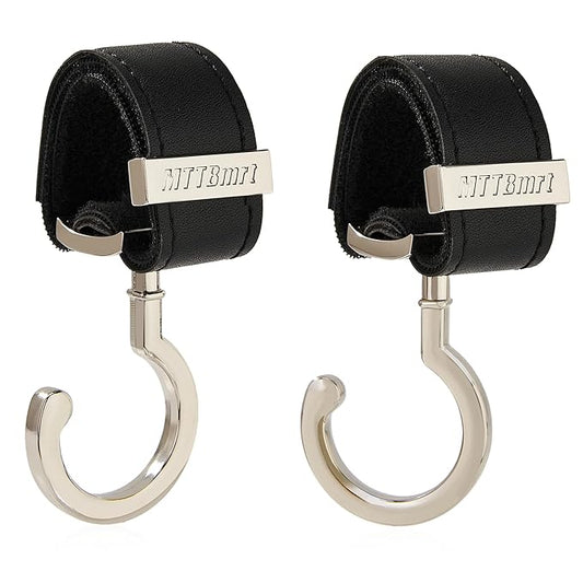 2 Pack Stroller Hooks,Strong Synthetic Leather Hook-and-Loop Fastener&High-Quality Metal Hooks,Universal Bag Clip|360° Rotation, 66lb Capacity,Non-Slip-Fits Wheelchair(Black-Silver)